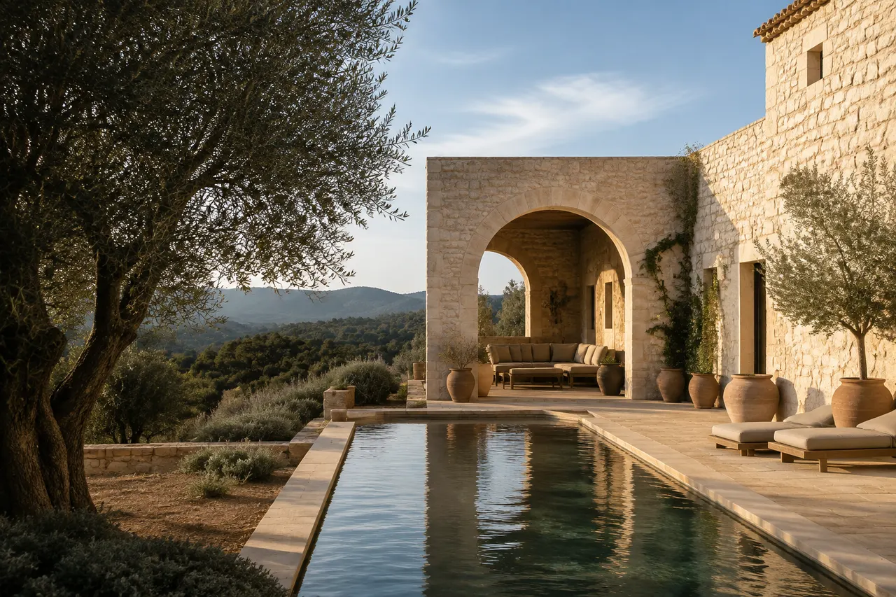 Concept de maison d’hôtes provençale : pierre blonde, olivier et bassin au soleil